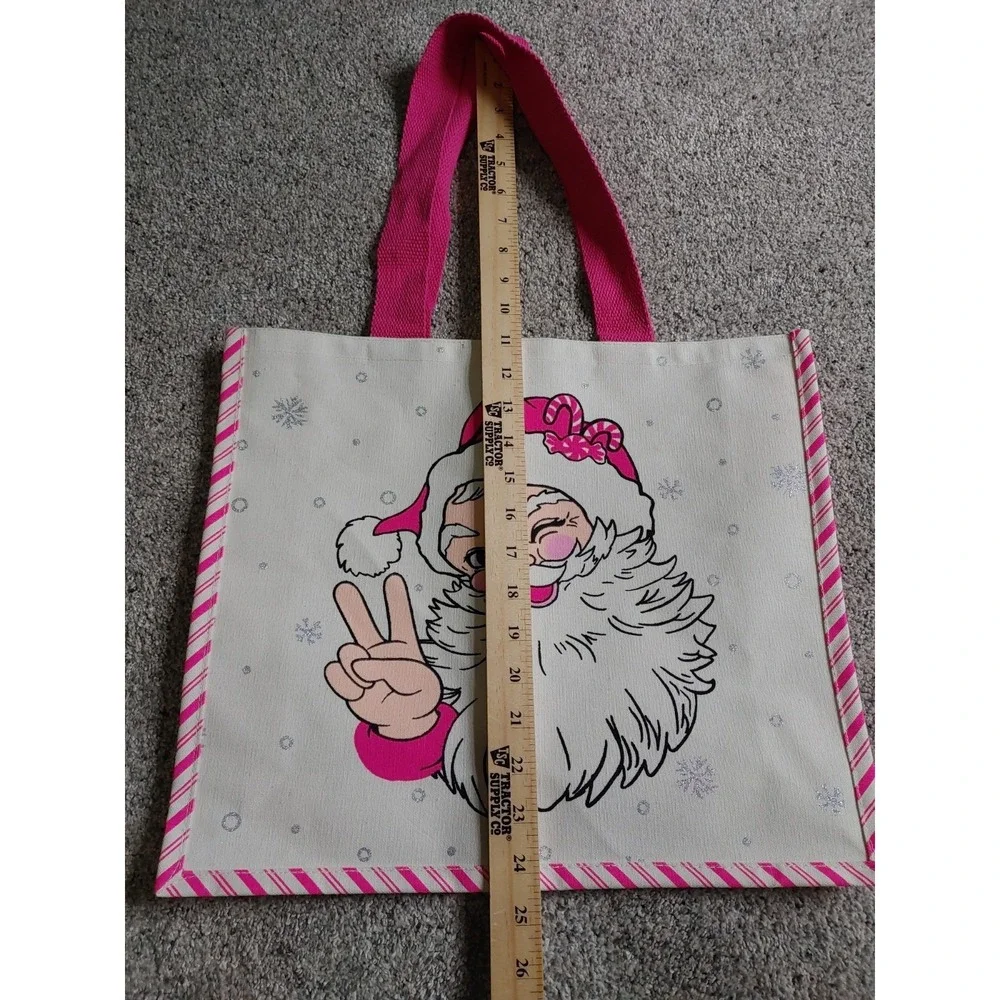 Pink Canvas Tote Gift Bag Winking Retro Santa Christmas Peace Candy Striped